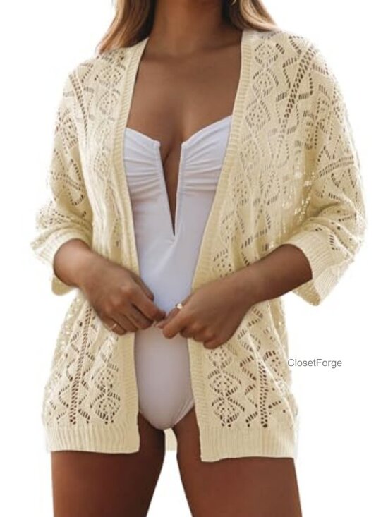 Sweaters - Women's Crochet Open Front Cardigan - Lightweight 3/4 Sleeve Cover Up